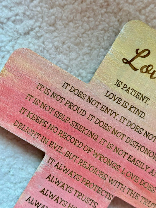 手工木製十字架擺設—“love is patient…”1 Cor13:4-8